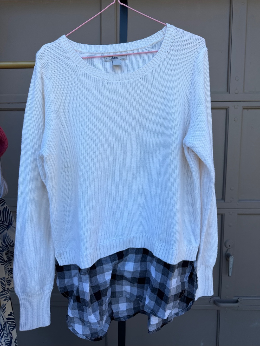 Bass Cream Knit Crewneck Sweater with Black & White Plaid Hem